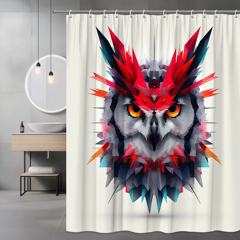 Abstract Owl Face Shower Curtain, Geometric Bird Wall Art