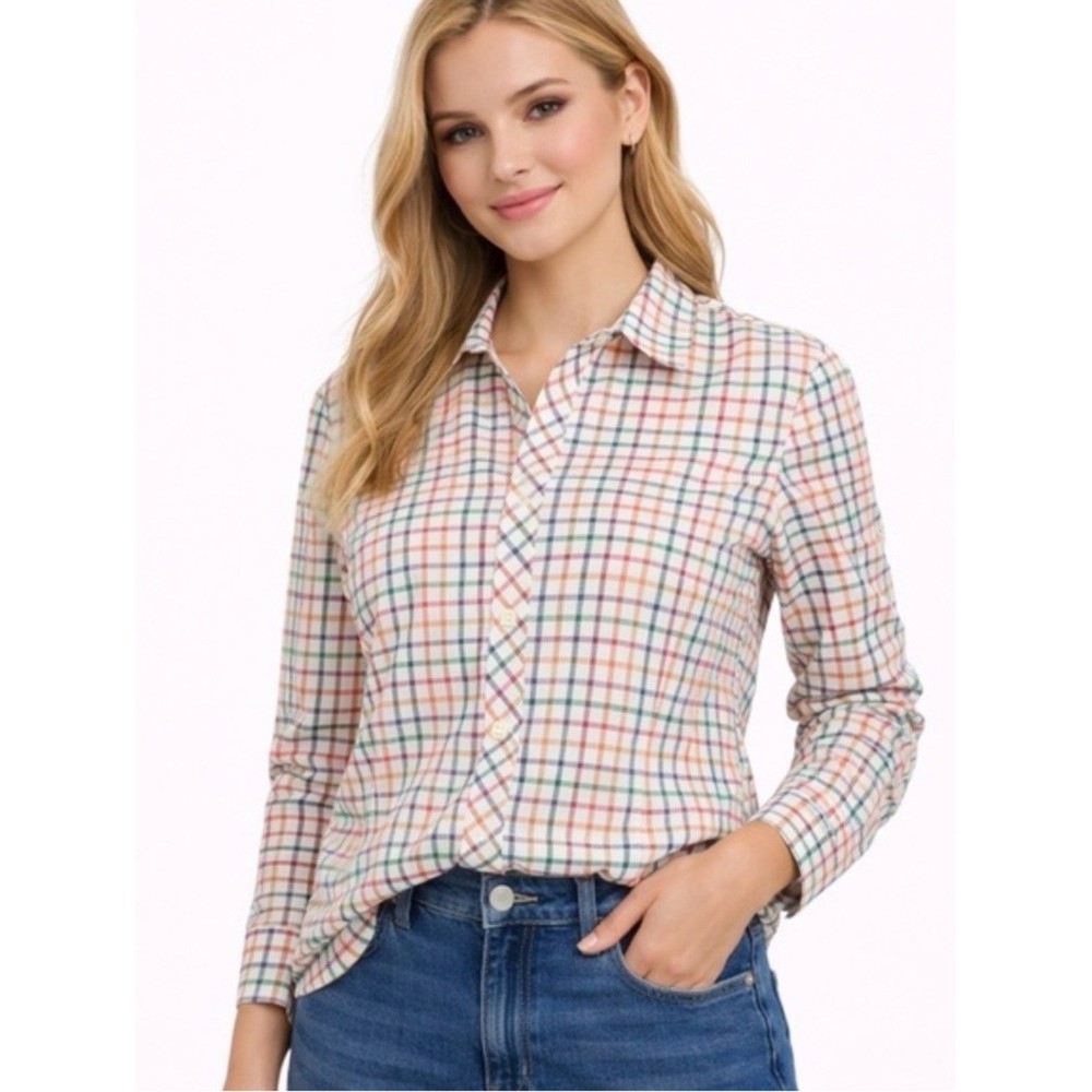 Talbots Multicolored Gingham Check Pattern Button Down Cotton Top Size L