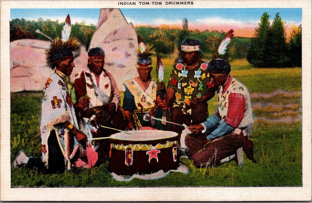 Vintage Linen Postcard Indian Tom-Tom Drummers Native American E. C. Kropp