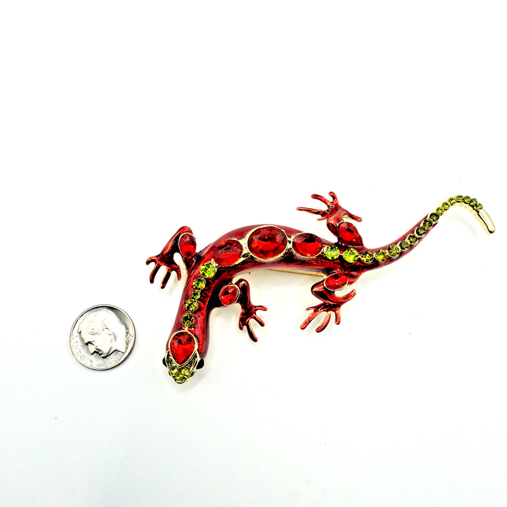 Vintage Lizard Pendant Brooch Red Enamel Rhinestones
