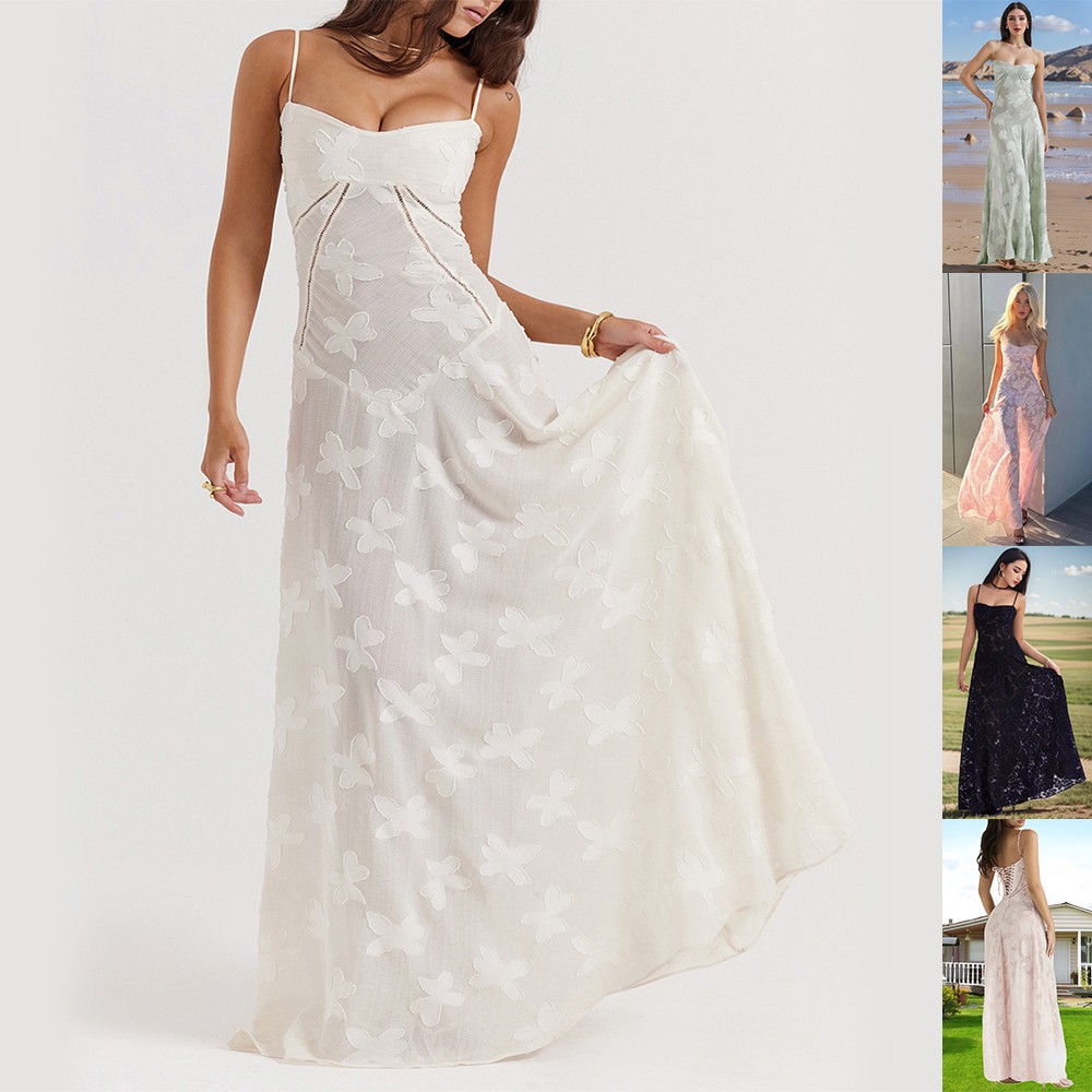 Sexy Flowers Lace Suspender Dress Summer Fashion Slim Back Lace-up Long Dresses