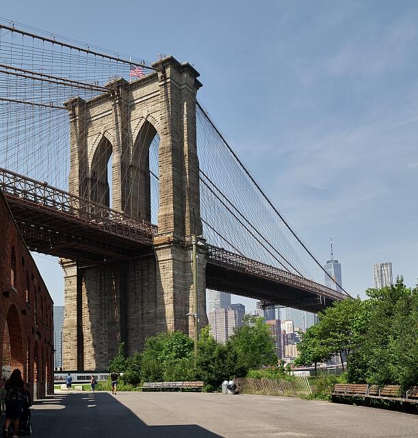 View of one of the Brooklyn Bridge from the Brooklyn side of the span