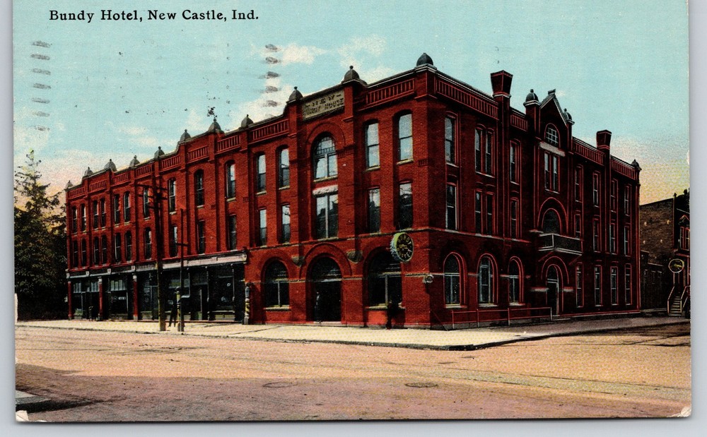 New Castle Indiana~Bundy Hotel Bldg Exterior View~Sign~Romanesque~1911 Postcard