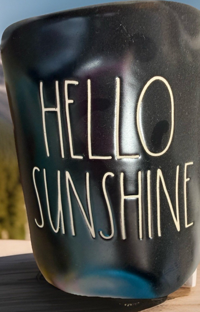 Rae Dunn HELLO SUNSHINE Black Ceramic Coffee Mug, 16 fl oz, Decorated