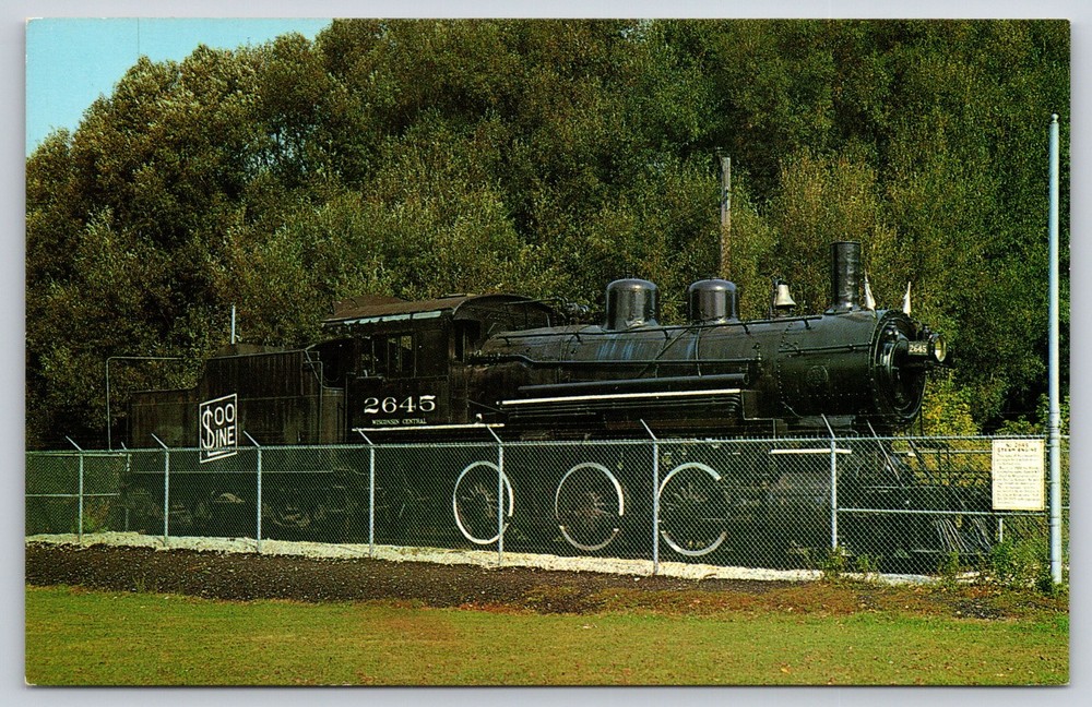 Transport~Train~Soo Line~Brooks Works Steam Engine 2645~Fence~1950s Postcard