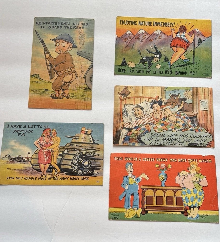 5 Vintage Postcard Naughty 1940s Humor Army Vivid Colorful Risqué Stamps History