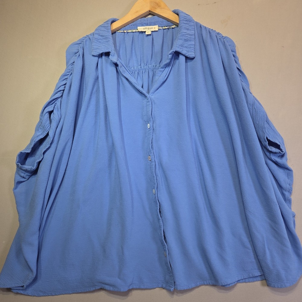 Umgee Plus Size 1XL Blue Ruched Sleeve Button Front Blouse Rayon Boho Oversized