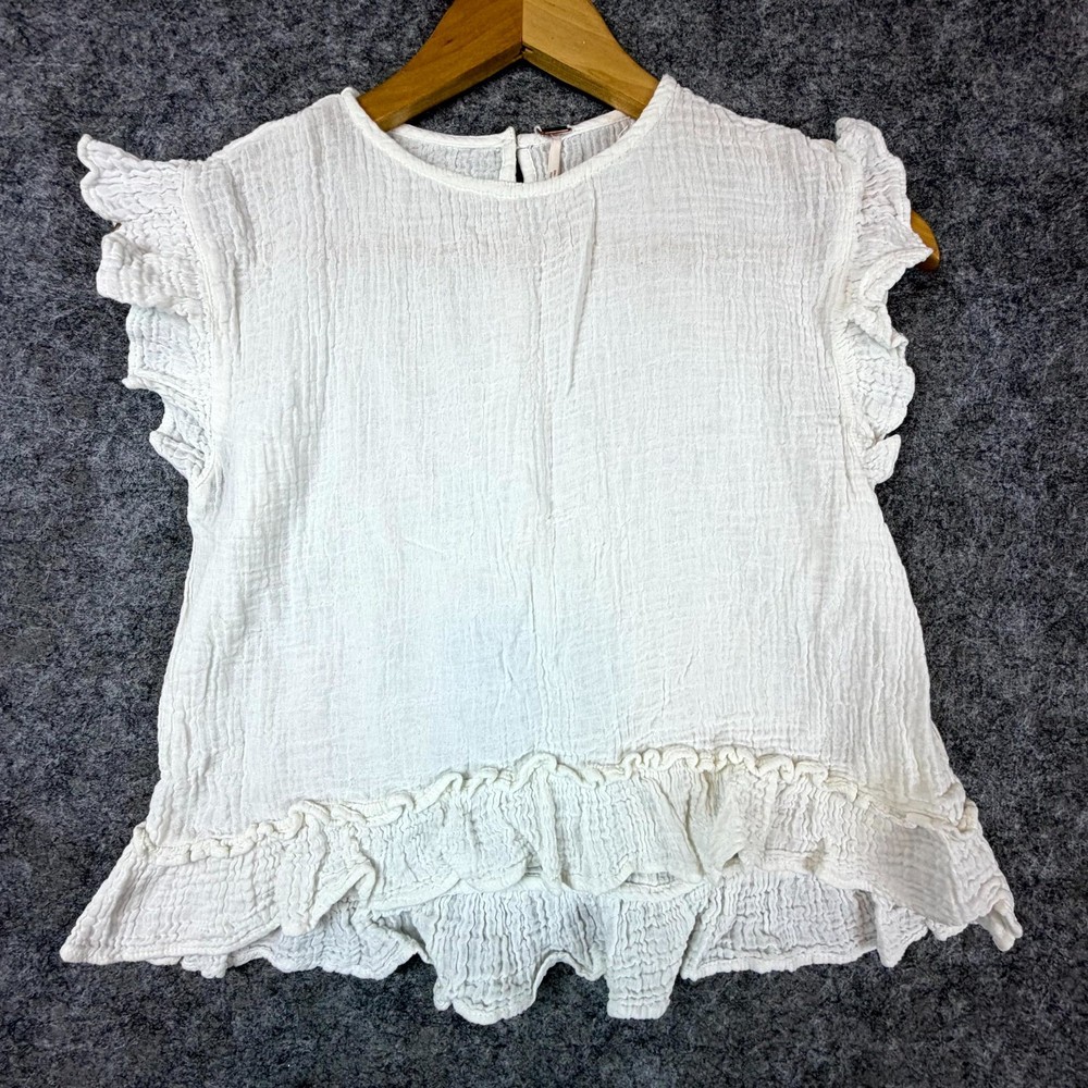 Free People Top Women XS White Cotton Flutter Sleeve Ruffle Hem Soft Girl Picnic