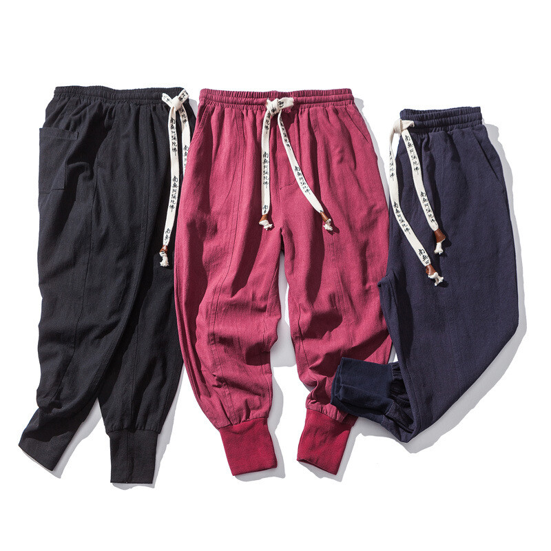 Men's Cotton Linen Elastic Simple Casual Fashion Small Feet Harem Pants Trousers