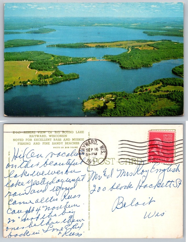 Hayward, WI Big Round Lake Aerial View Postcard 1955 Fishing Wisconsin