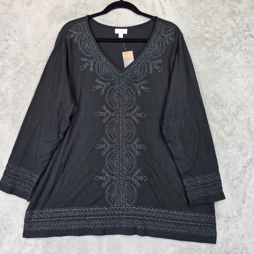 J. Jill Blouse Womens XL Black V Neck Long Sleeve Embroidered Tunic Knit Top