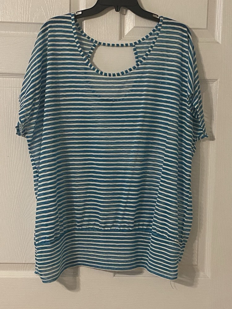 Lane Bryant Women's Teal Striped Blouse With Keyhole Back Size 18-20