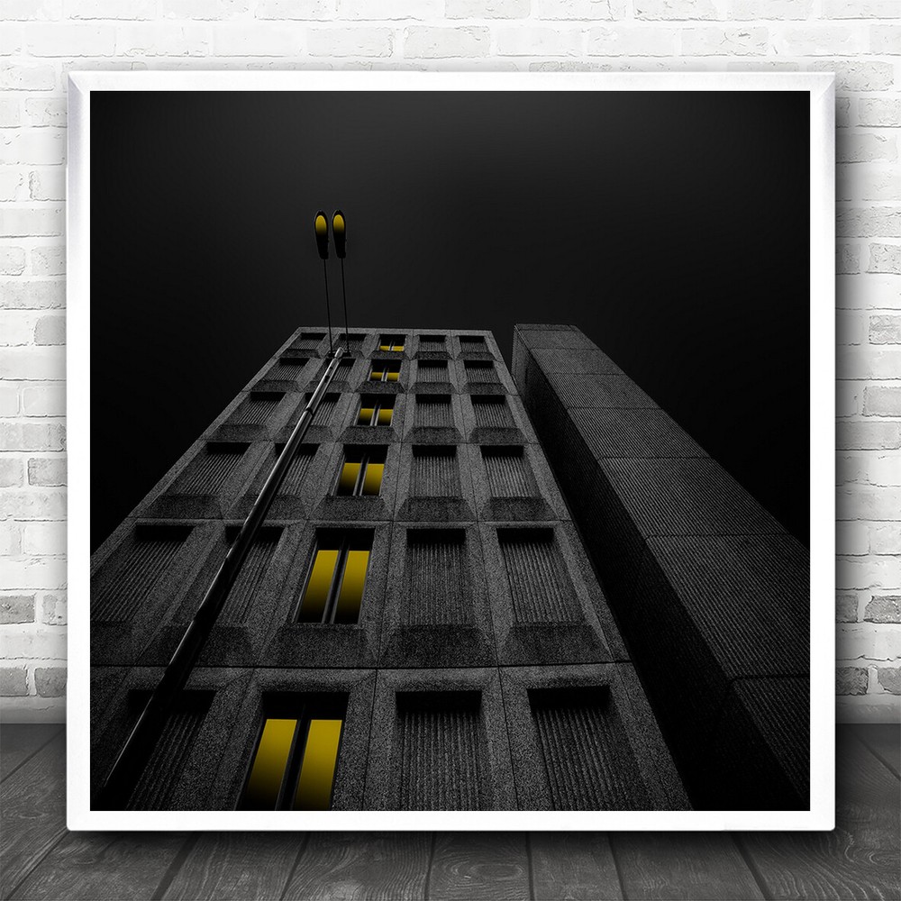 Architecture Building Windows Street Lamp Black Yellow Square Wall Art Print