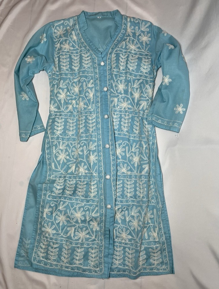 Turquoise Embroidered Button-Front Tunic,ethnic-Indian Style