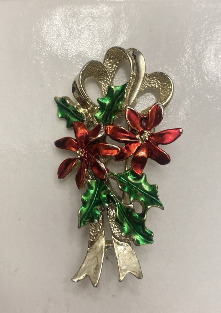 Vintage Gold Tone 2” SIGNED GERRY’S Christmas Holiday Brooch Pin Red Poinsettias