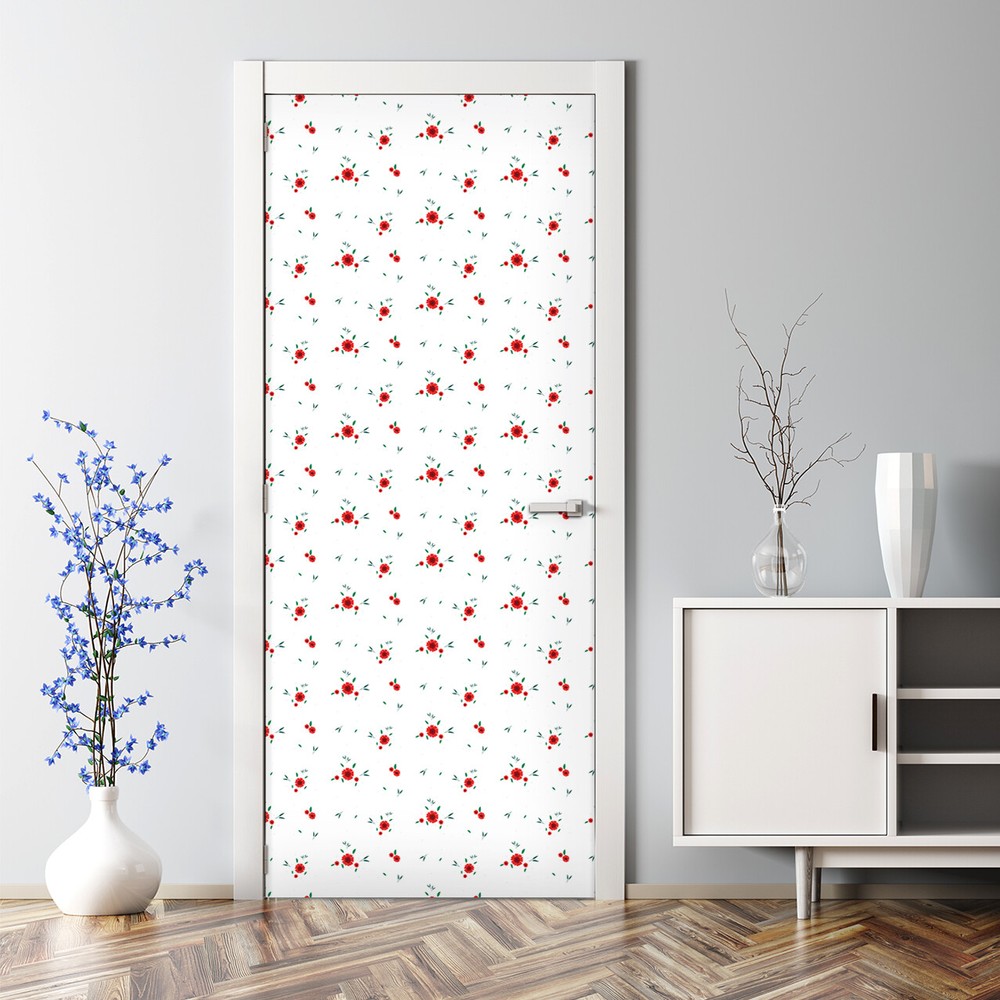 Small red flowers Bubble Free Door sticker red and white Decal wall covering