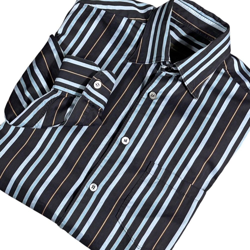 Ermenegildo Zegna Button Down Mens Size M Black Blue Gold Striped Long Sleeve