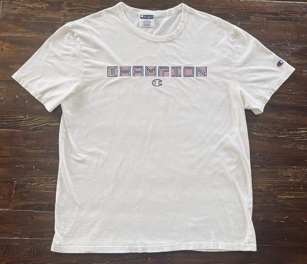 Champion Men's L White Crew Neck Short Sleeve Cotton Knit Logo Graphic T-Shirt