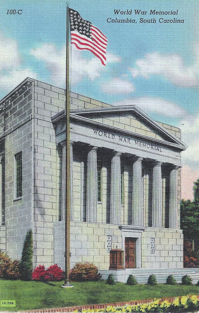 c1940s ~ Columbia SC South Carolina ~World War Memorial~ Linen Postcard UNP Flag