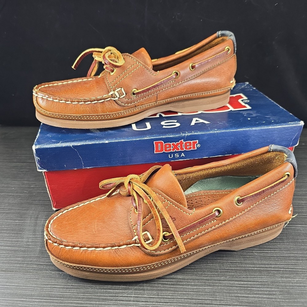 Vintage Dexter USA Boat Shoes Men 7M Tan Leather Newport NOS Casual Deck Shoes