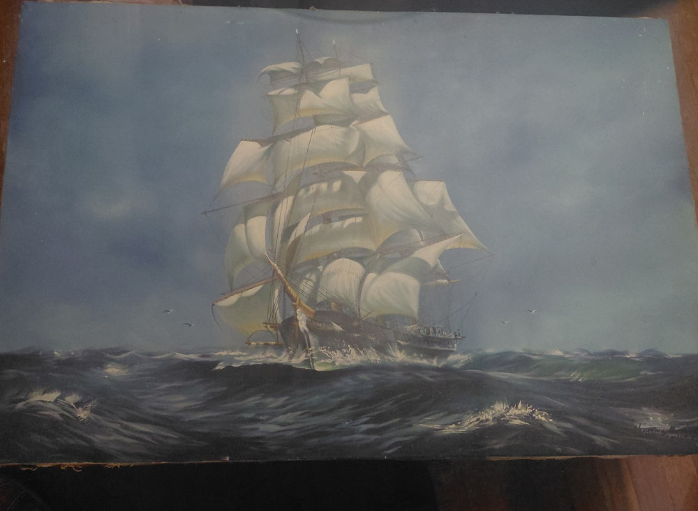 Hand Painted Nautical Americana Folk Art Clipper at Sea 36 x 24 canvas w/ frame.
