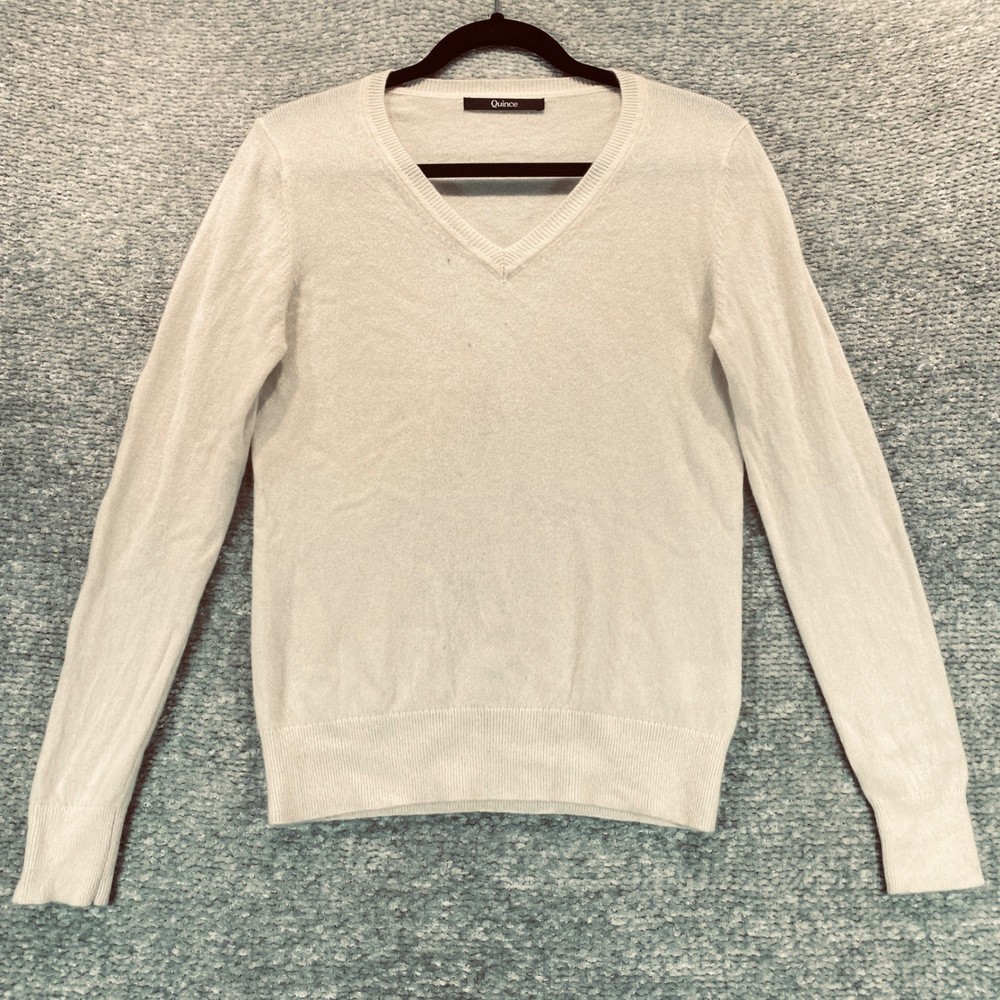 Quince 100% Cashmere V Neck Sweater Cream Size S see photos
