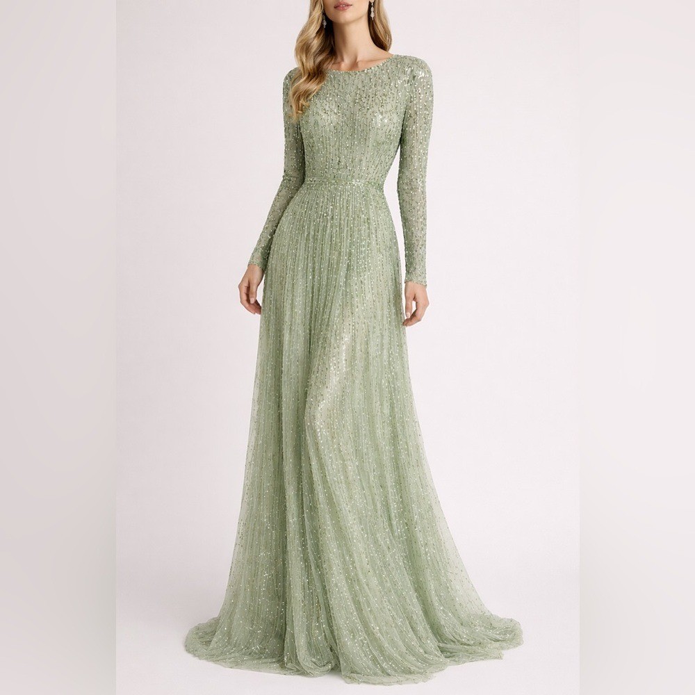 Mac Duggal Sequin Evening Gown Size 12 Sage Green Long Sleeve Formal Dress