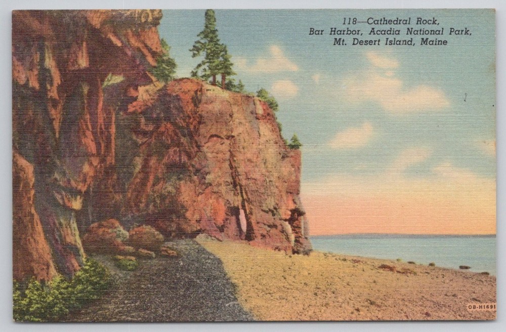 Vintage Linen Postcard - Cathedral Rock Acadia National Park Bar Harbor Maine