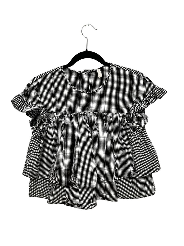 ZARA Gingham Babydoll Top Size M Black White Ruffle Peplum Cottagecore