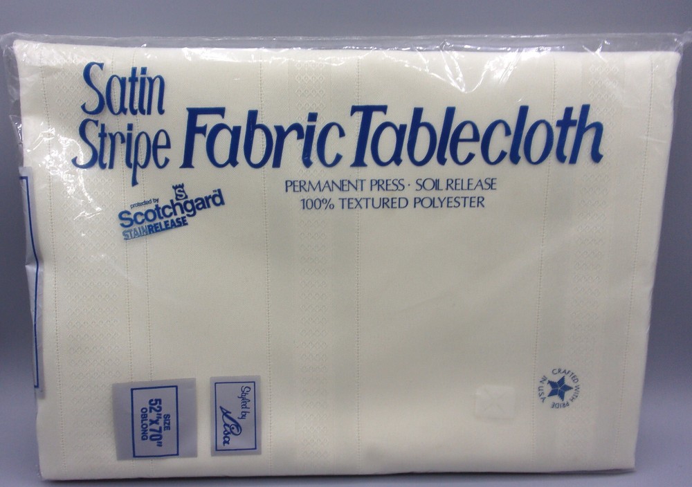 Elrene Satin Stripe Fabric Ecru Tablecloth Diana No 5350 Oblong 52 x 70-  New