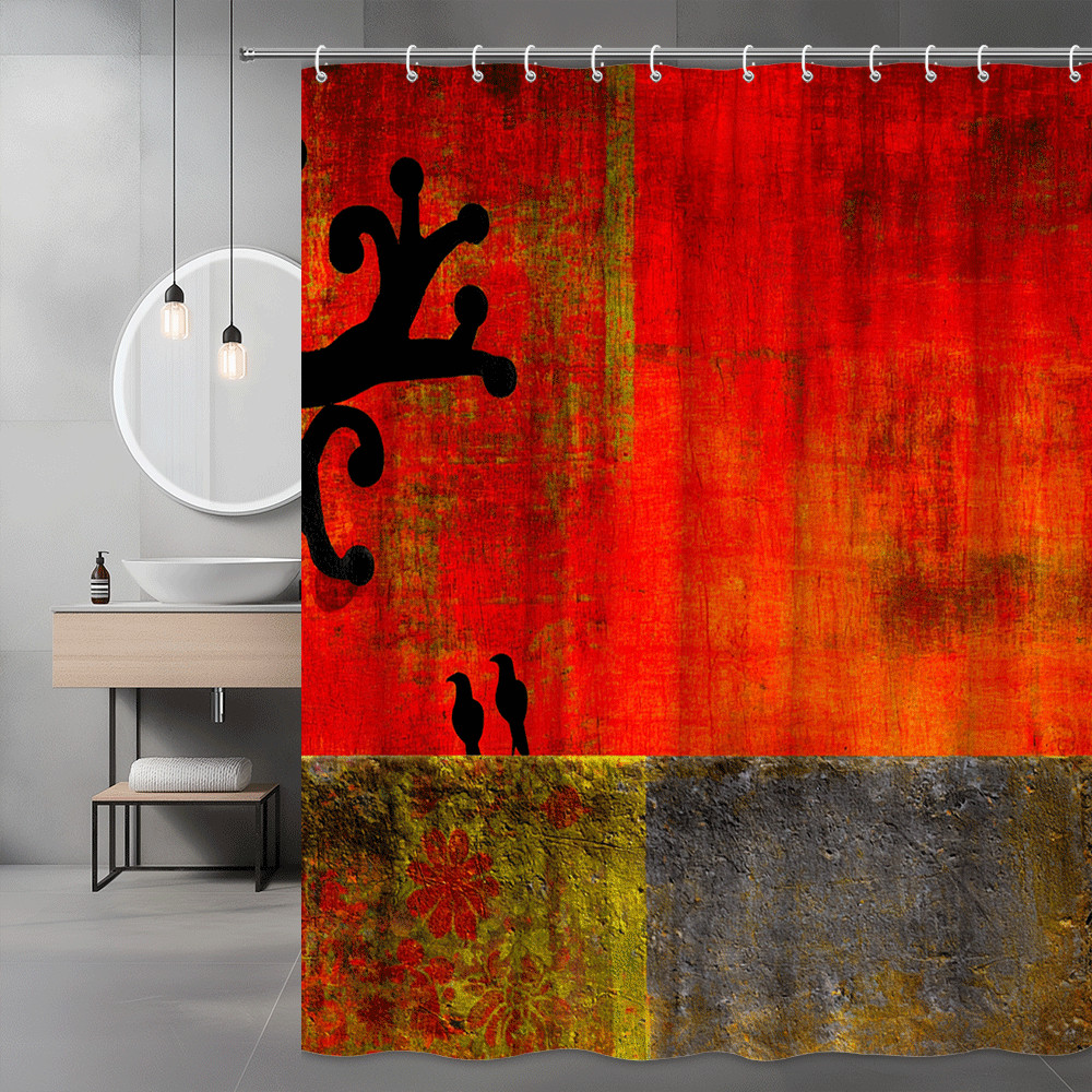 Abstract Red Orange Graphic Shower Curtain with Black Silhouette
