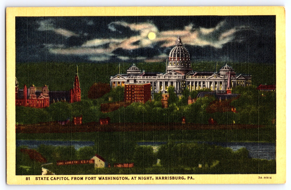 Harrisburg Pennsylvania PA State Capitol Building At Night Moon Vintage Postcard