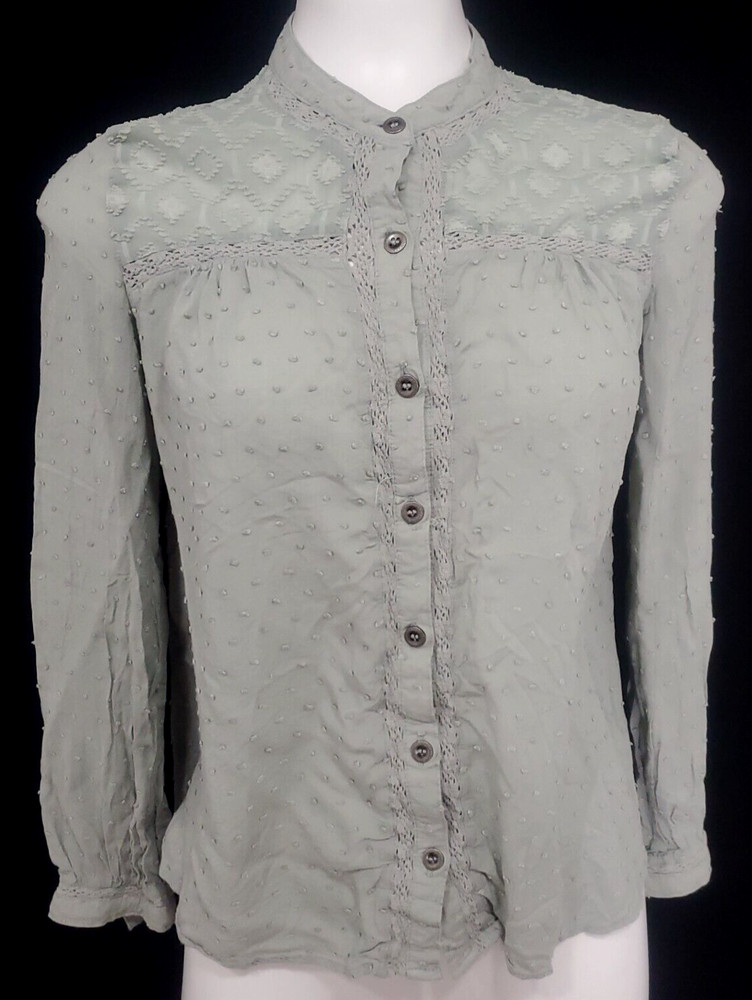 Paper & Crane Dot Fabric and Lace Button Up Blouse Sage Green  Long Sleeve Sz. S