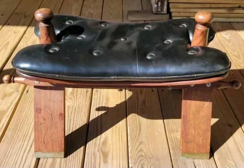 Vintage Mid Century Tuffed Camel Saddle Inlayed Leather Stool Ottoman