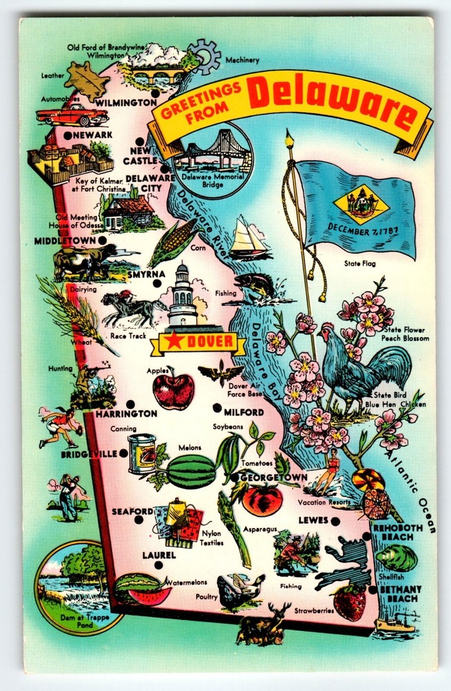 Map Postcard Greetings From Delaware State Tichnor  Bros Chrome Vintage Retro