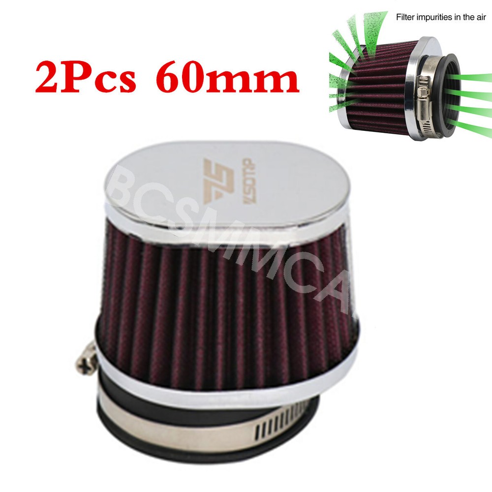 High Flow Cold Air Intake Cleaner Filter Pod Motorcycle Kit Washable 60mm 2Pcs