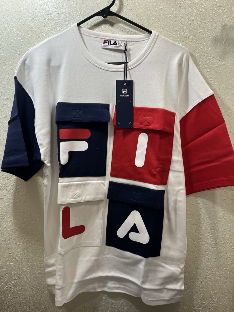 Fila Hakan Color block Tee Shirt  Size Med 100% Organic Cotton NWT Red White Blu