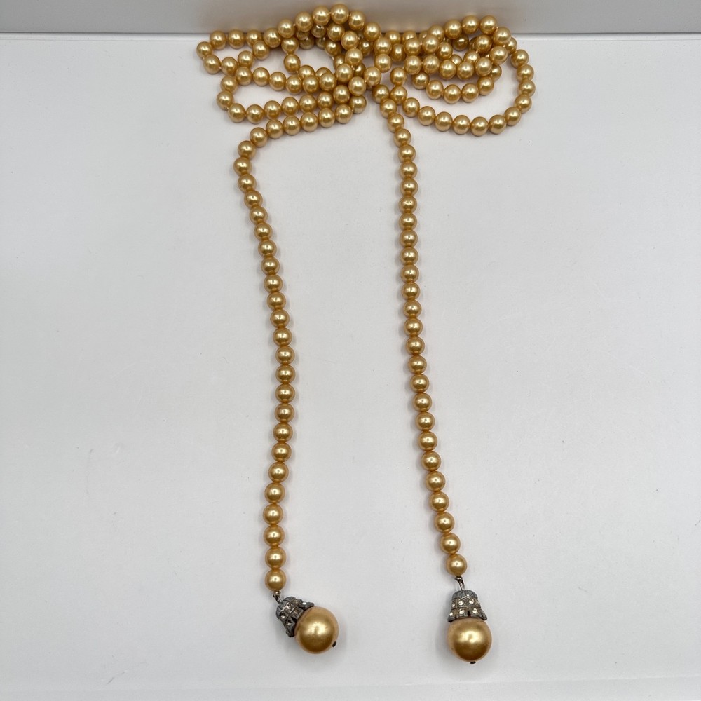 Vintage 90s Gold Tone Faux Pearl Lariat Necklace Statement Fashion Jewelry
