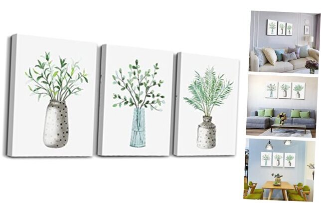 AHUASJART 3-Piece Green Plants Watercolor Canvas Wall Art 20x28 Inches