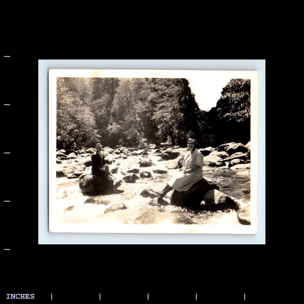 Vintage Photo MAN WOMAN SITTING ON ROCKS IN RIVER