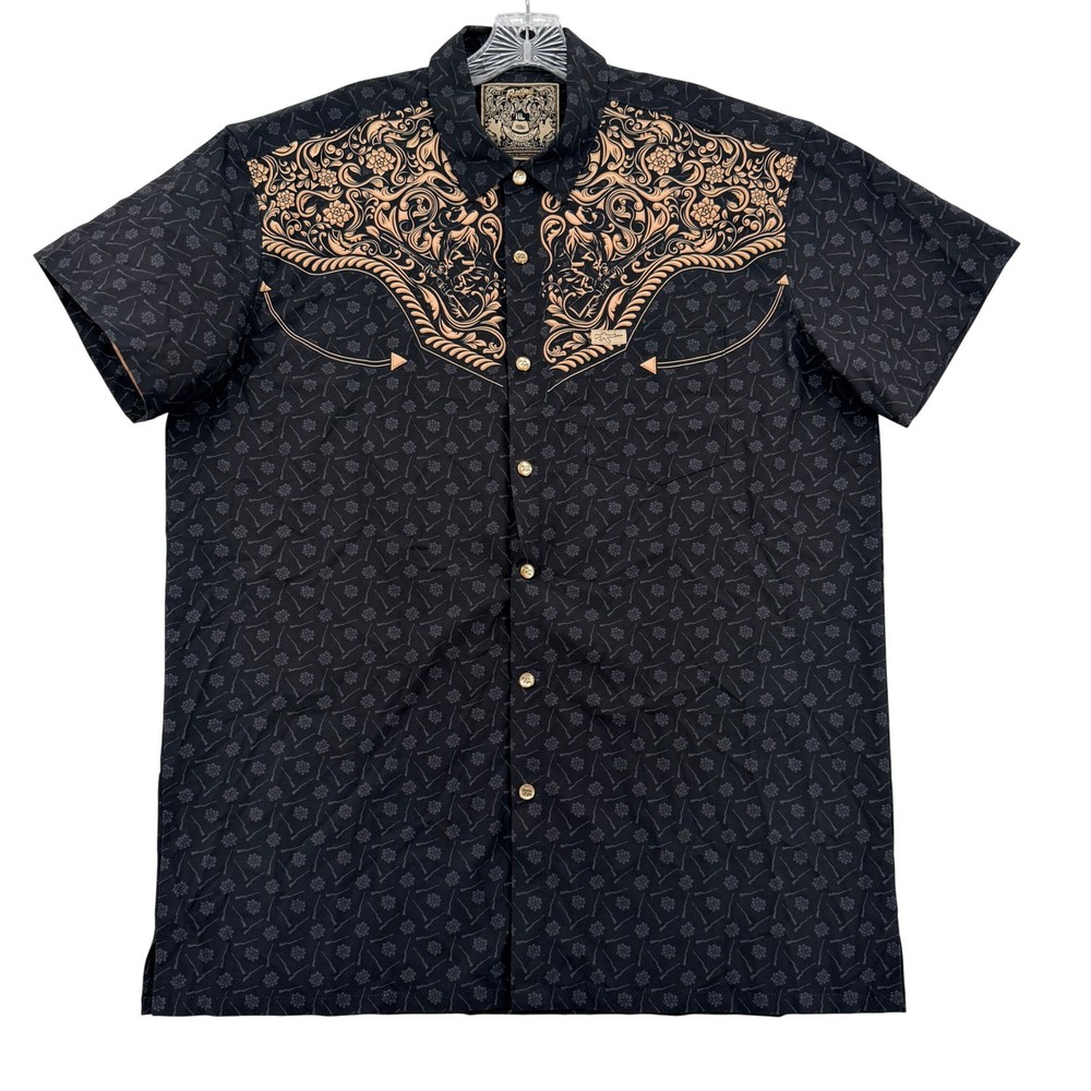 Retro Rifle Old Silence Men XL Black Western Filigree Gun Rose Shirt Pearl Snaps