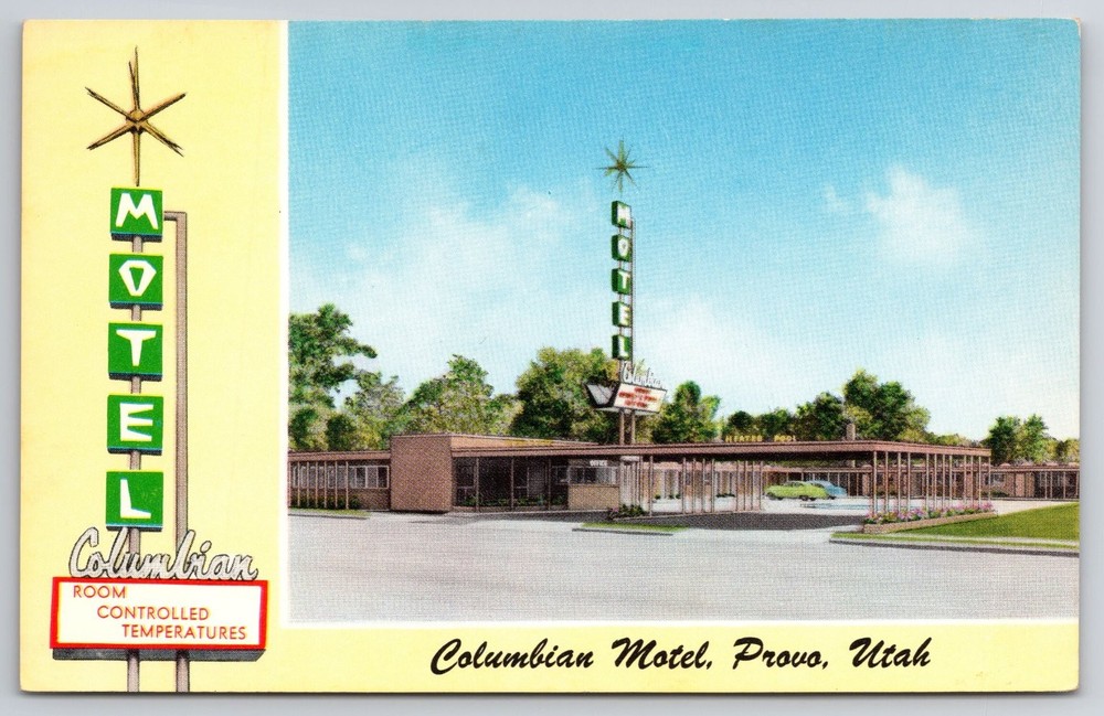 Columbian Motel Postcard Provo Utah Mid-Century Googie Neon Sign
