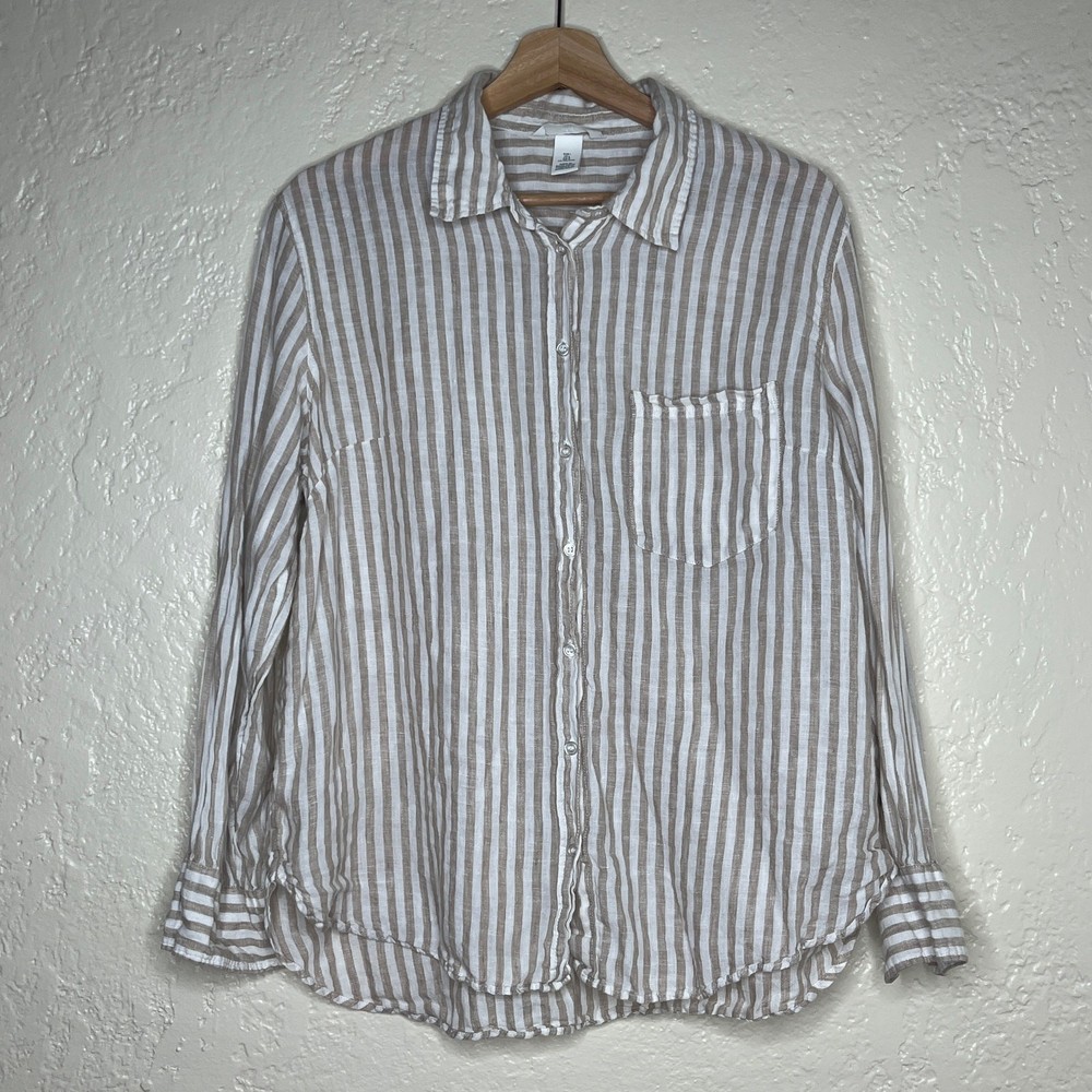 H&M Linen Striped Button Down Shirt Relaxed Resort Vacation Tan Women Large