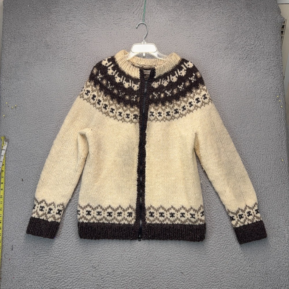 Vintage Hand Made Wool Sweater Womens Large Beige Fair Isle Full Zip Home Made