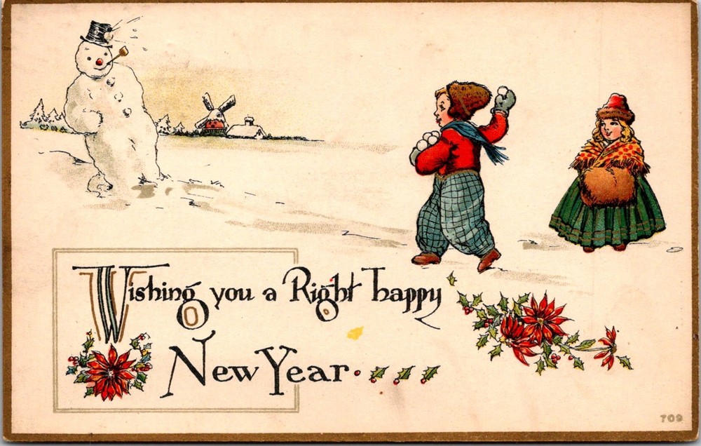 Dr Jim Stamps Postcard Children Throwing Snowballs At Snowman New Year C1915