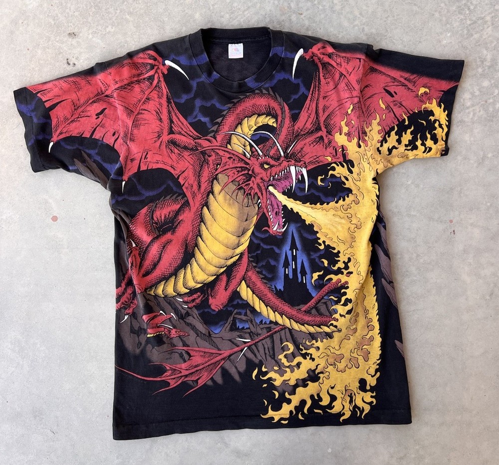 Vintage Dragon Knight Shirt XL 1993 Liquid Blue AOP 90s Fire Breathing Flames
