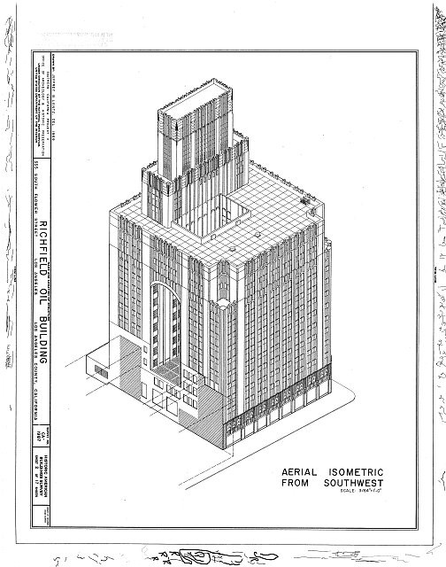 Los Angeles California Richfield Oil Building 1930s Aerial Isometric Sketch