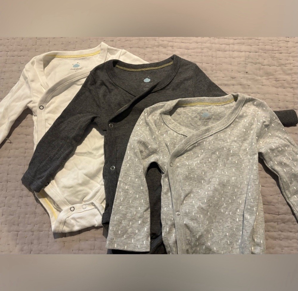 Lot of 3 6-9 Month Long Sleeve Bodysuit Kimono Style Buttons Gray Palette