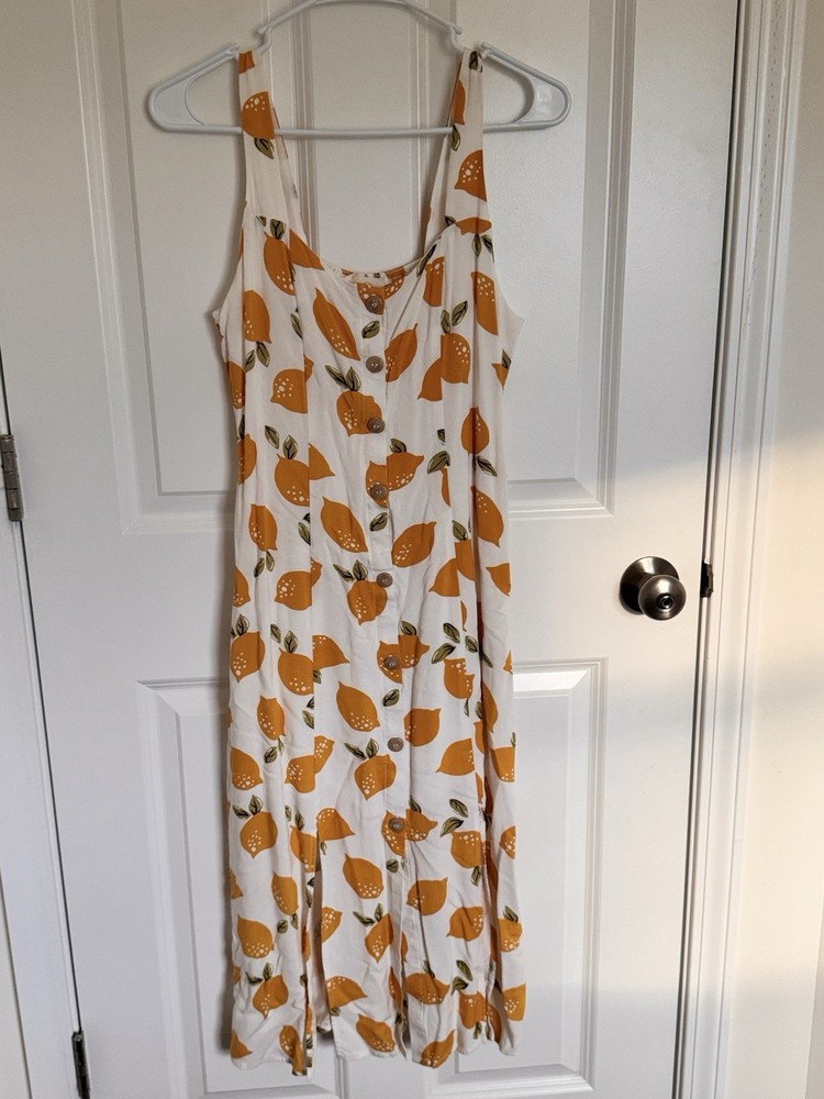 Yellow Lemon Midi Dress Smocked Back Size M Button and Front Slit Detail Lined