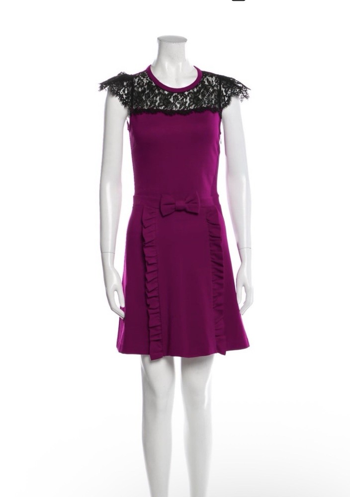 Red Valentino Fuchsia A-line Crew Neck Mini Dress With Black Lace Bow Front XS